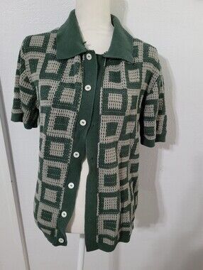 Massive Luxury Mens Knit Crochet Buttondown Shirt 100% Cotton Green Square XL